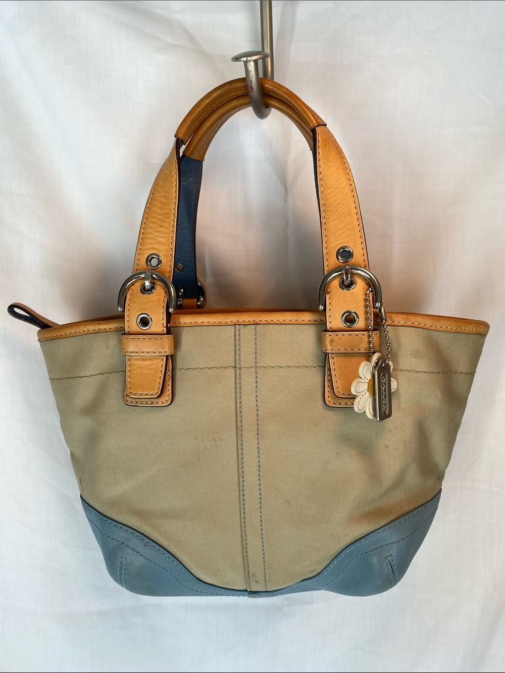 Coach 4427 Daisy Two-Tone Canvas & Leather Tote Satchel in Tan and Blue